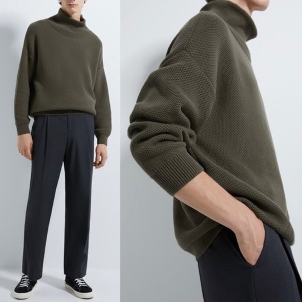 Zara Men's M Textured Knit Turtleneck Sweater Olive Green Fisherman 100% Cotton